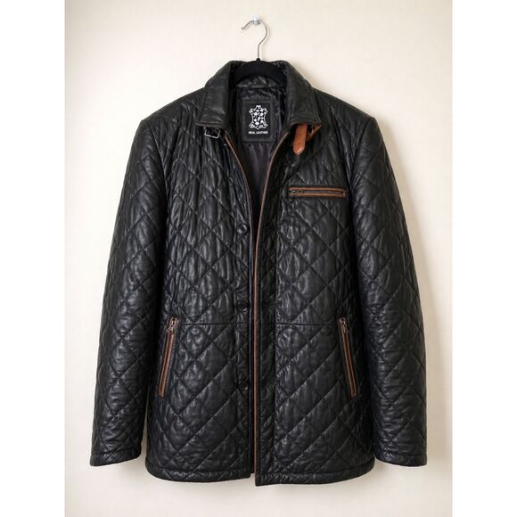 Real Leather Other - Men’s Quilted Leather Car Coat Black Brown Trim Luxe Minimalist L Heritage NWT
